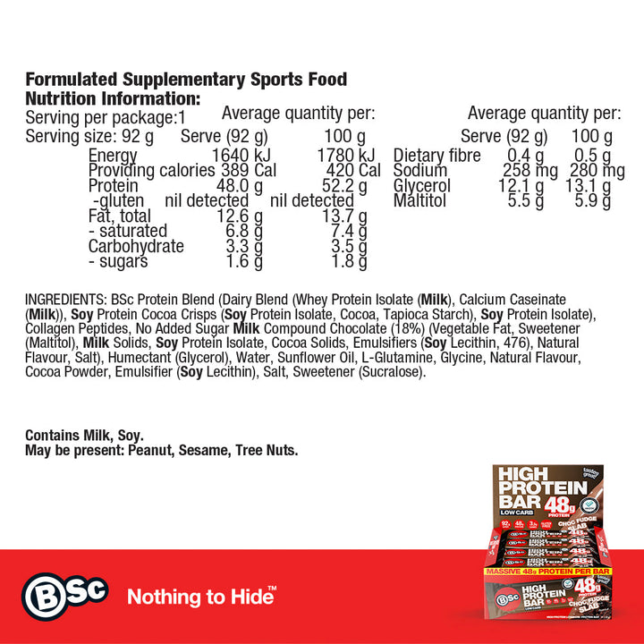 92g High Protein Bar 12 Pack - choc-fudge-slab nutrition information panel