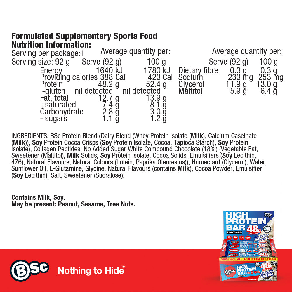 92g High Protein Bar 12 Pack - cookies-and-cream nutrition information panel