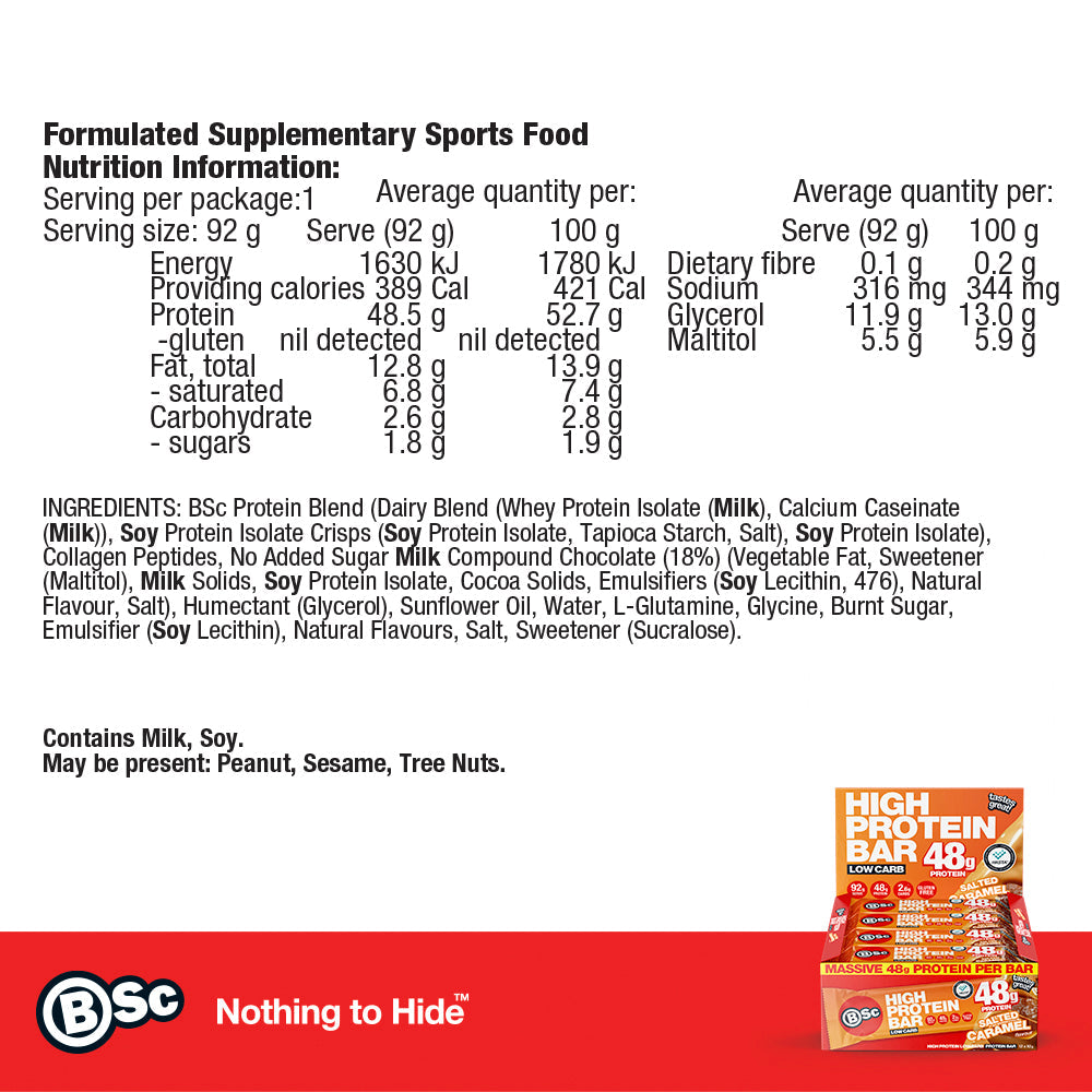 92g High Protein Bar 12 Pack - salted-caramel nutrition information panel