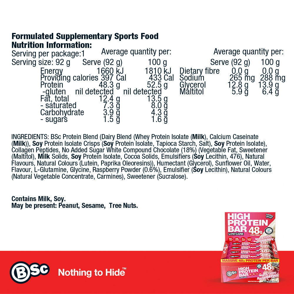92g High Protein Bar 12 Pack - white-choc-raspberry nutrition information panel