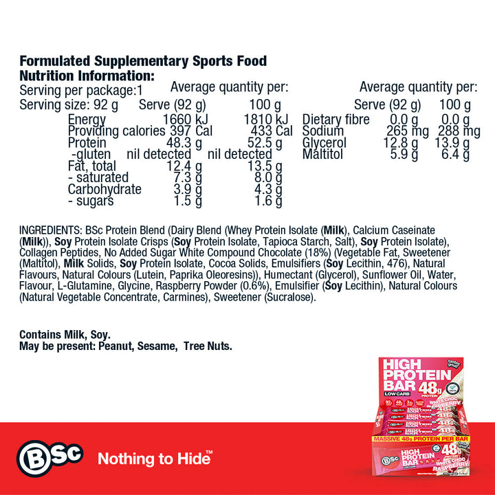 92g High Protein Bar 12 Pack - white-choc-raspberry nutrition information panel
