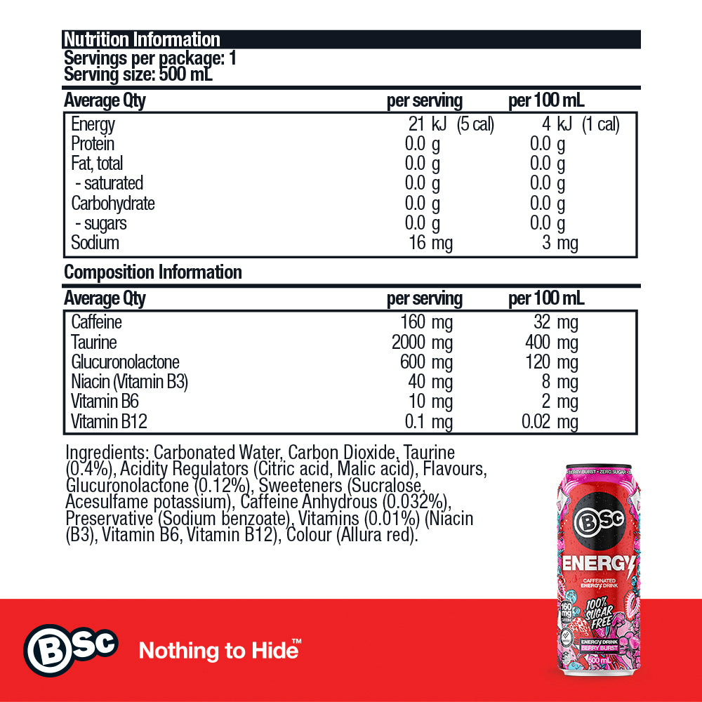 Energy Can 12 Pack - Berry Burst nutrition information panel