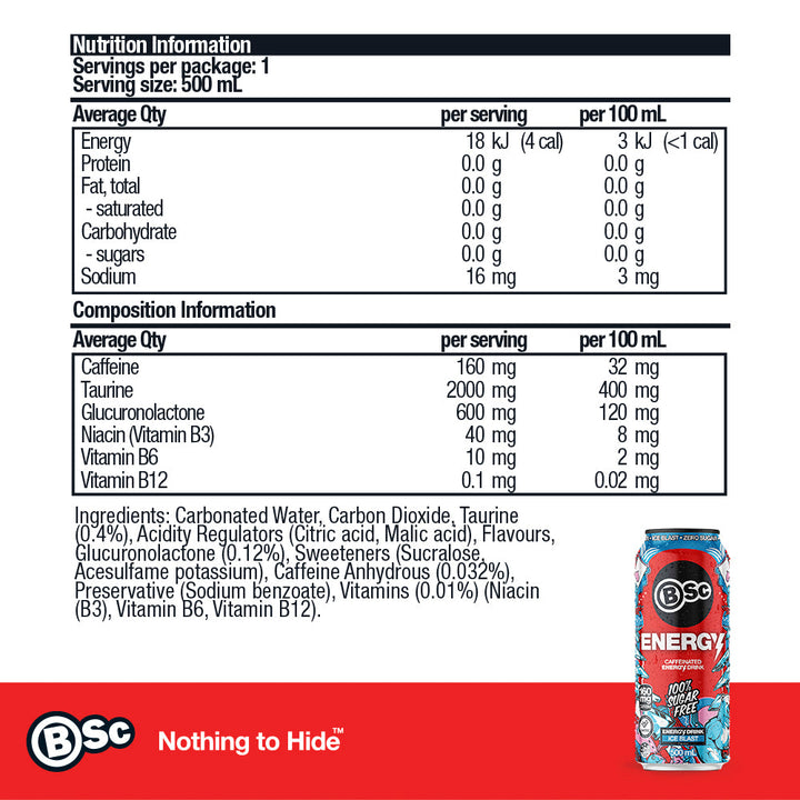 Energy Can 12 Pack - Ice Blast nutrition information panel