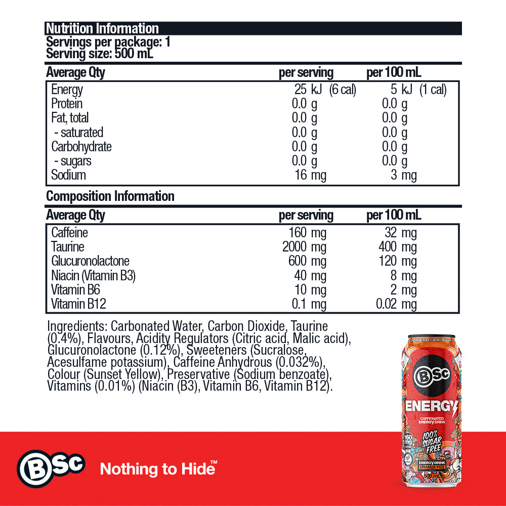 Energy Can 12 Pack - Orange Fizz nutrition information panel