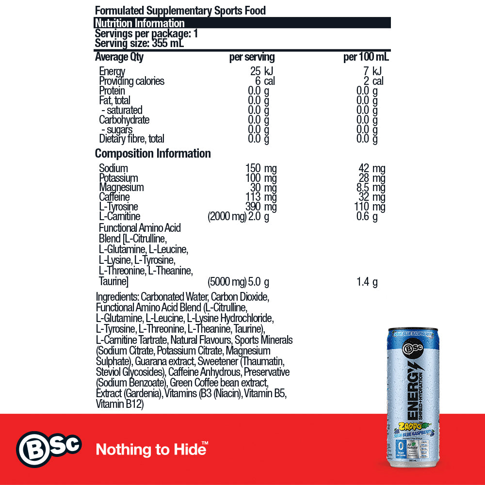 BSc Energy Shred+Hydration Zappo 12 Pack - Zappo Sour Blue Raspberry nutrition information panel