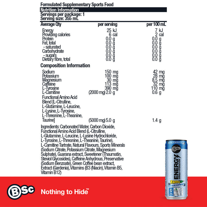 BSc Energy Shred+Hydration Zappo 12 Pack - Zappo Sour Blue Raspberry nutrition information panel