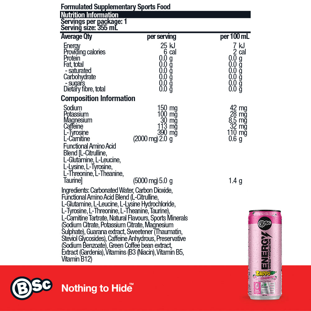 BSc Energy Shred+Hydration Zappo 12 Pack - Zappo Sour Strawberry nutrition information panel
