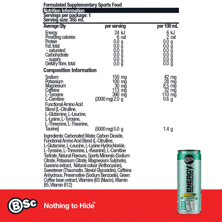 BSc Energy Shred+Hydration Zappo 12 Pack - Zappo Sour Watermelon nutrition information panel
