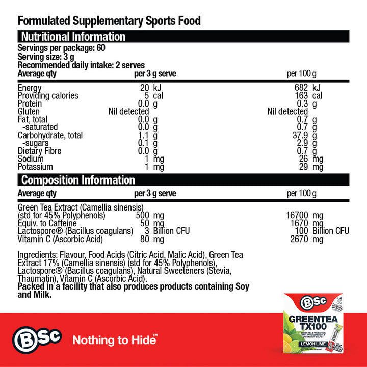Green Tea TX100 - Lemon Lime nutrition information panel