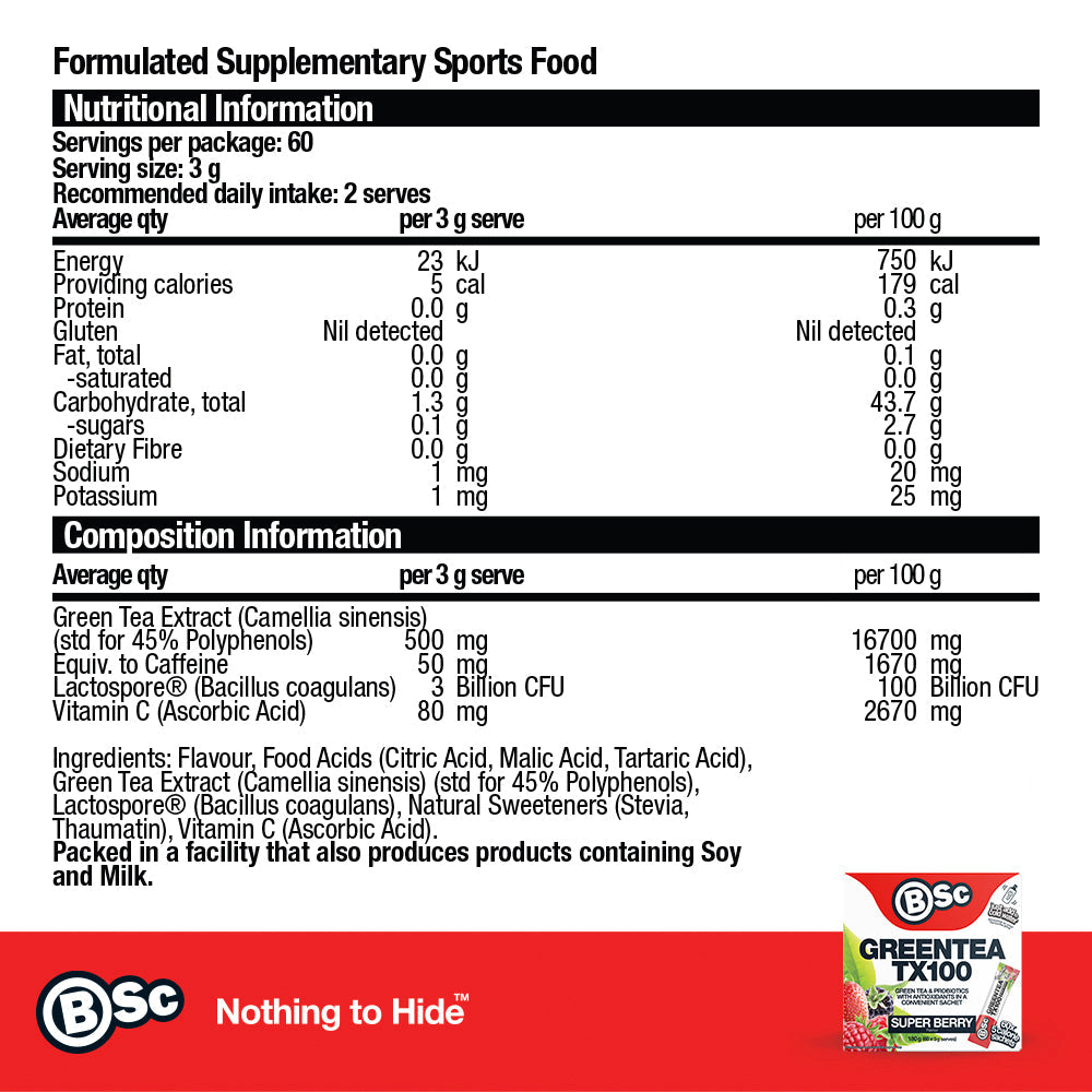 Green Tea TX100 - Super Berry nutrition information panel