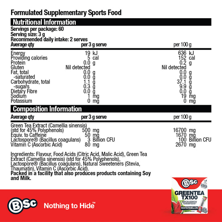 Green Tea TX100 - Watermelon nutrition information panel