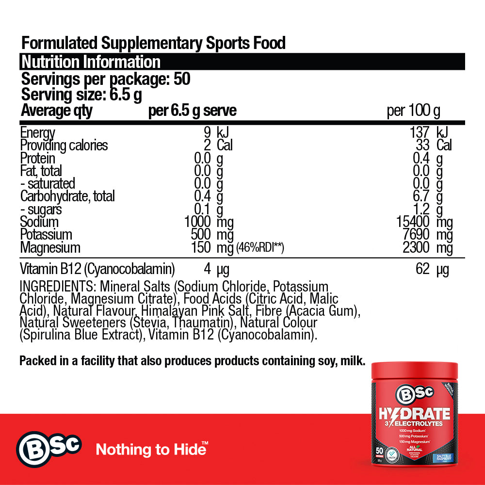 Hydrate - Salty Blue Raspberry nutrition information panel