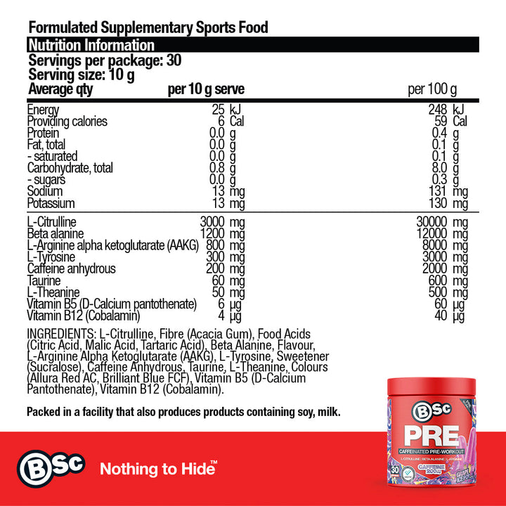 PRE Caffeinated Pre-Workout - Grape Ice Pop nutrition information panel
