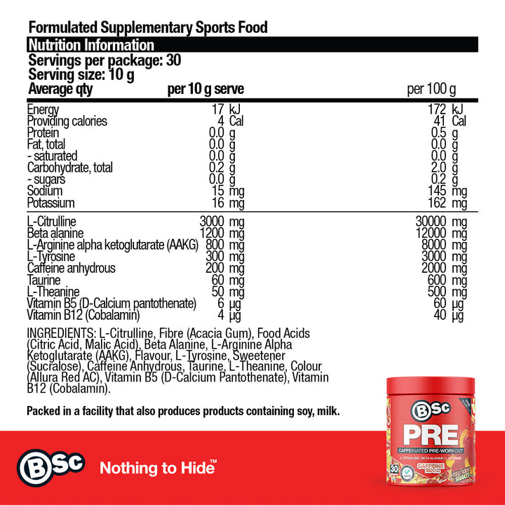PRE Caffeinated Pre-Workout - Red Sour Snakes nutrition information panel