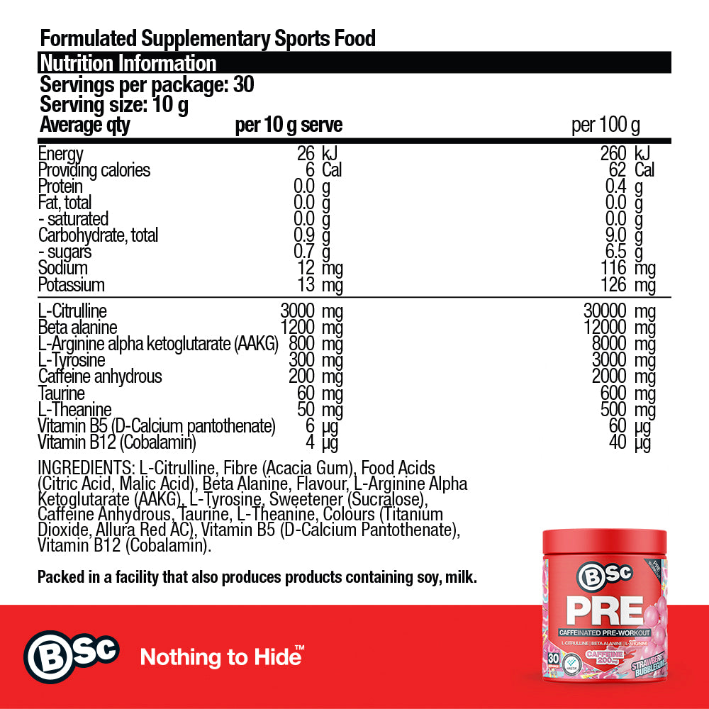 PRE Caffeinated Pre-Workout - Strawberry Bubblegum nutrition information panel
