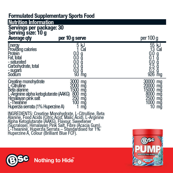 PUMP Non Stim Pre-Workout - Blue Sour Straps nutrition information panel