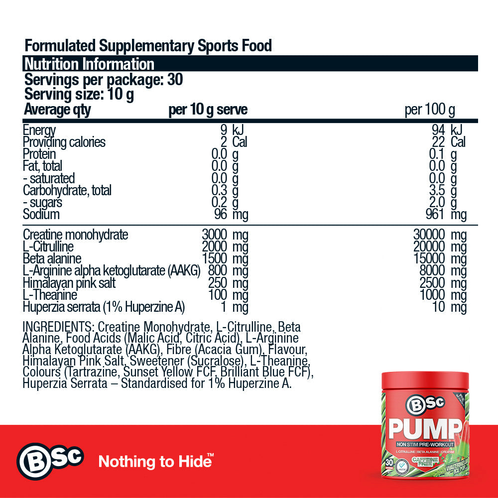 PUMP Non Stim Pre-Workout - Watermelon Ice Pop nutrition information panel