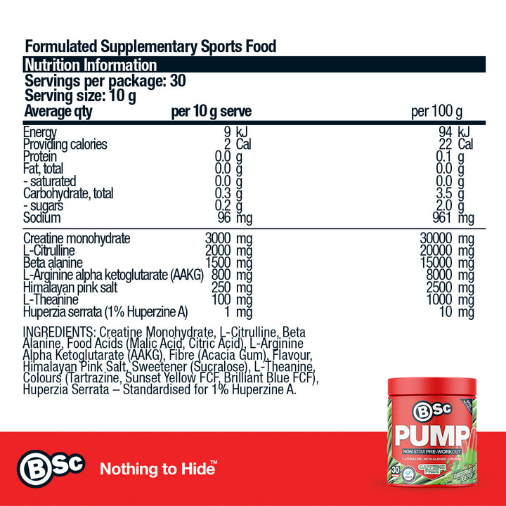 PUMP Non Stim Pre-Workout - Watermelon Ice Pop nutrition information panel