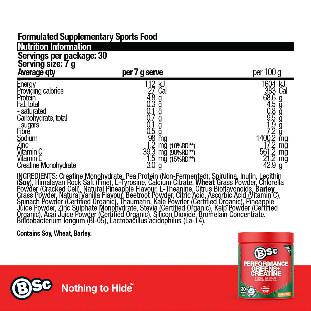 Performance Greens + Creatine - Tropical nutrition information panel