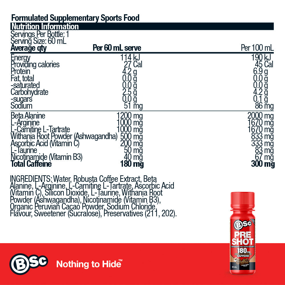 BSc Pre-Workout Shot - Coffee nutrition information panel