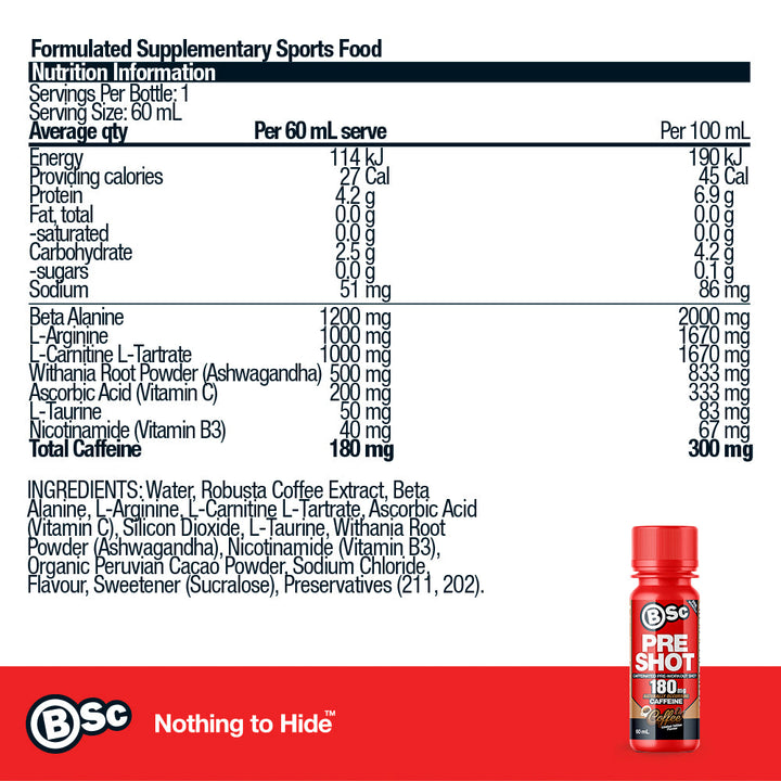 BSc Pre-Workout Shot - Coffee nutrition information panel