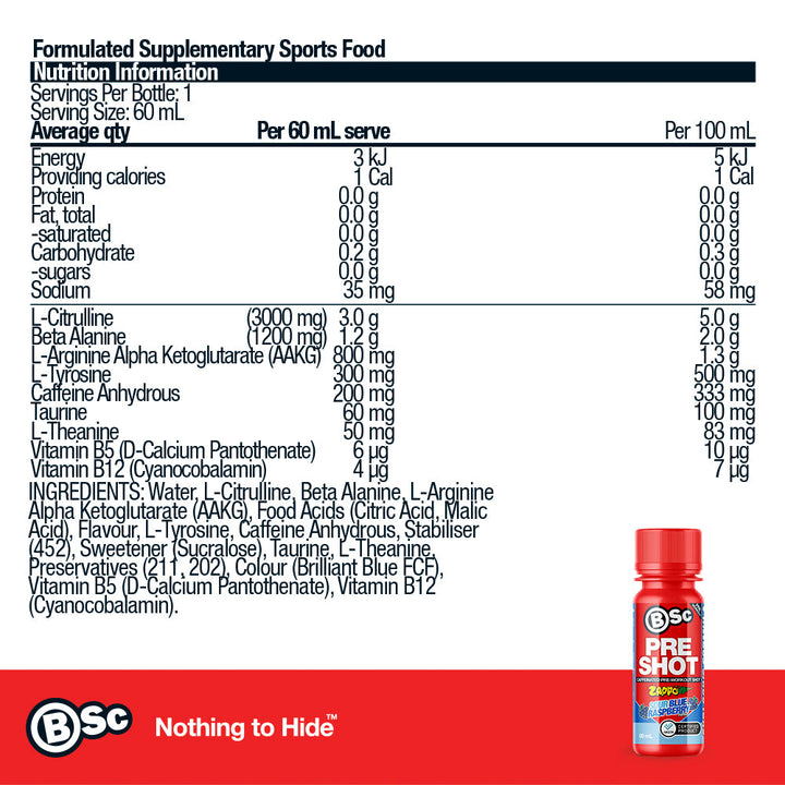 BSc Pre-Workout Shot - Zappo Sour Blue Raspberry nutrition information panel
