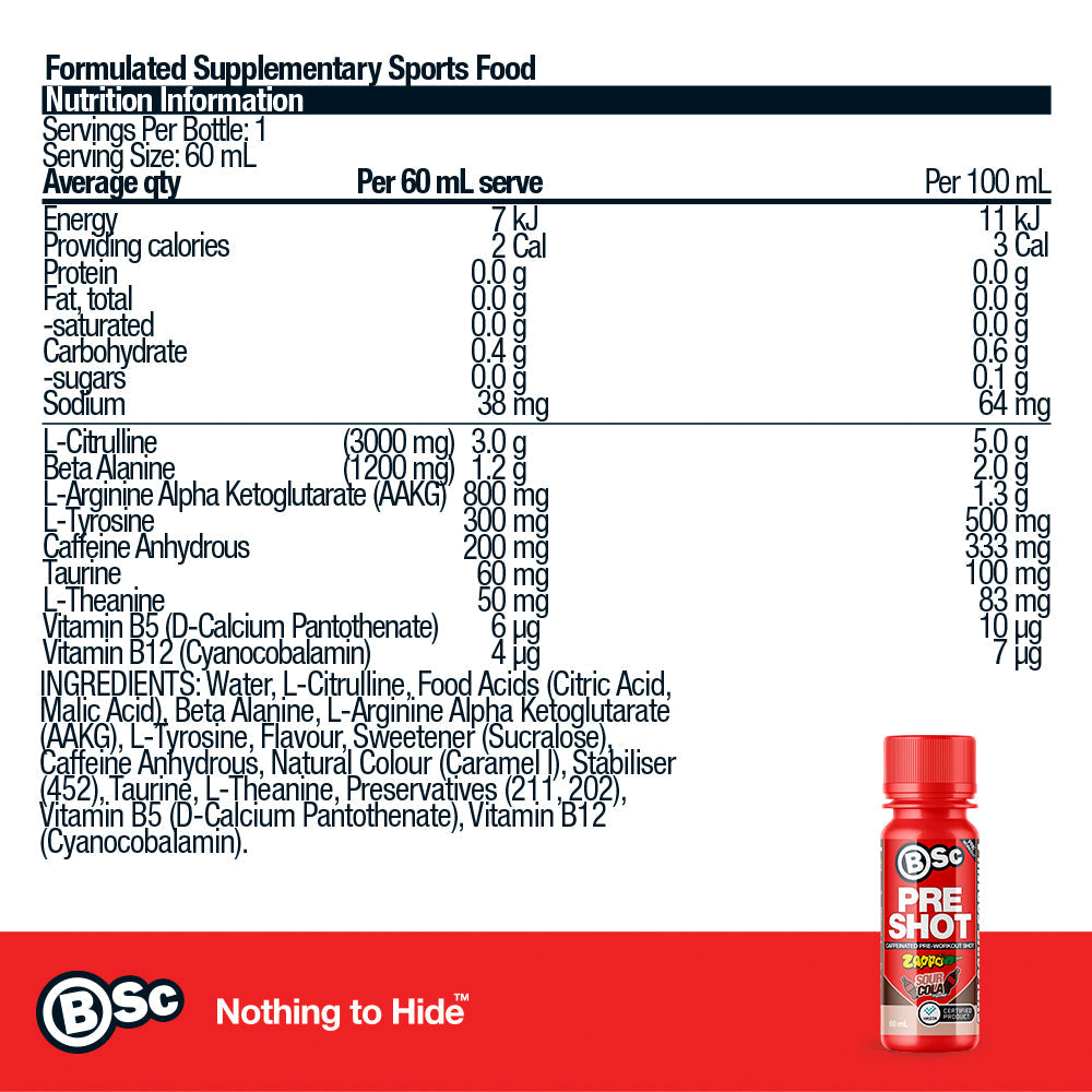 BSc Pre-Workout Shot - Zappo Sour Cola nutrition information panel