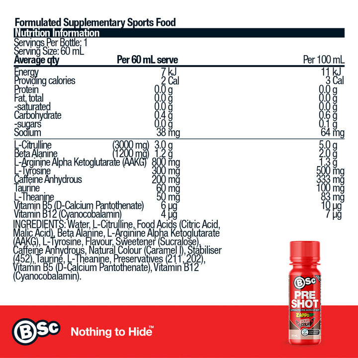 BSc Pre-Workout Shot - Zappo Sour Cola nutrition information panel