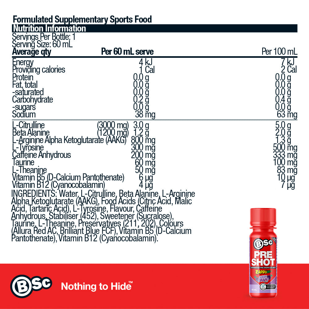 BSc Pre-Workout Shot - Zappo Sour Grape nutrition information panel