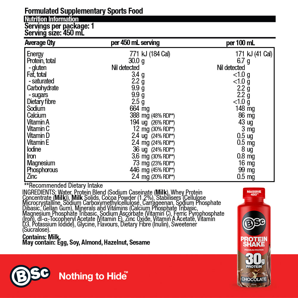 RTD Protein Shake 6 Pack - Chocolate nutrition information panel