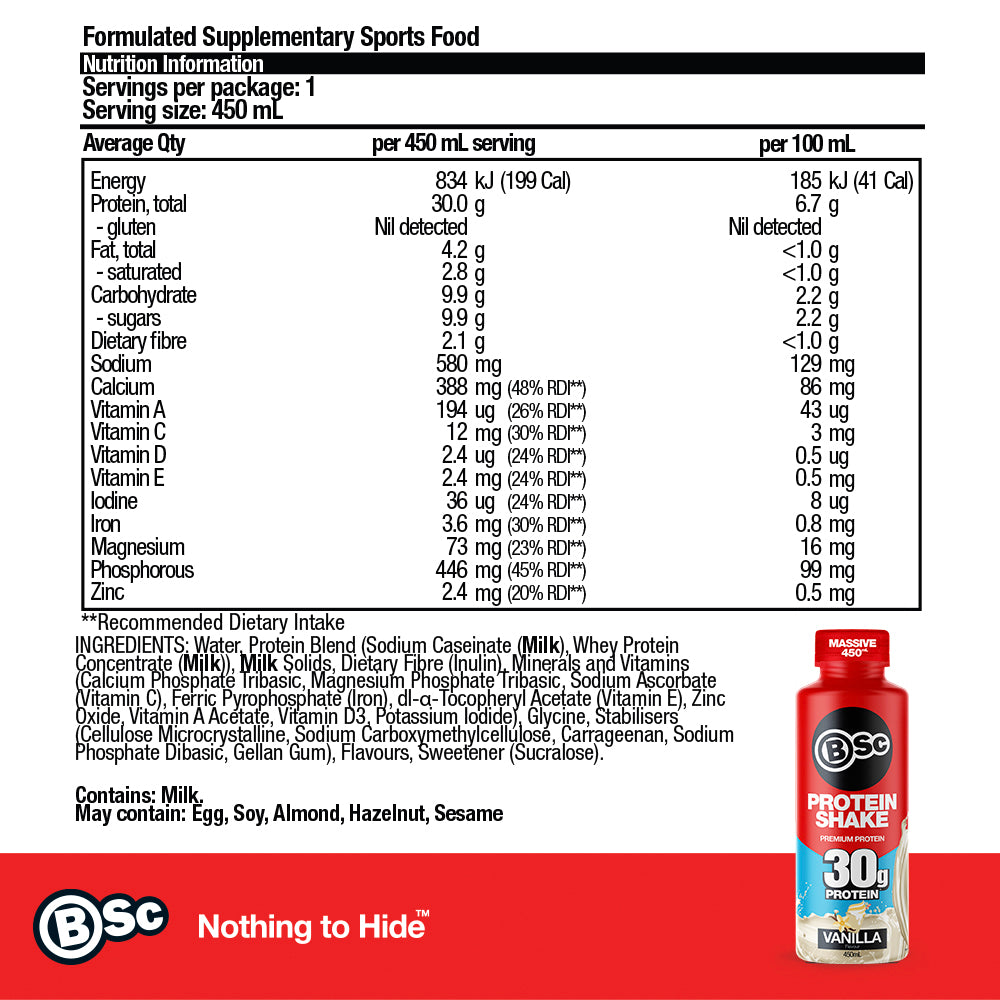 RTD Protein Shake 6 Pack - Vanilla nutrition information panel