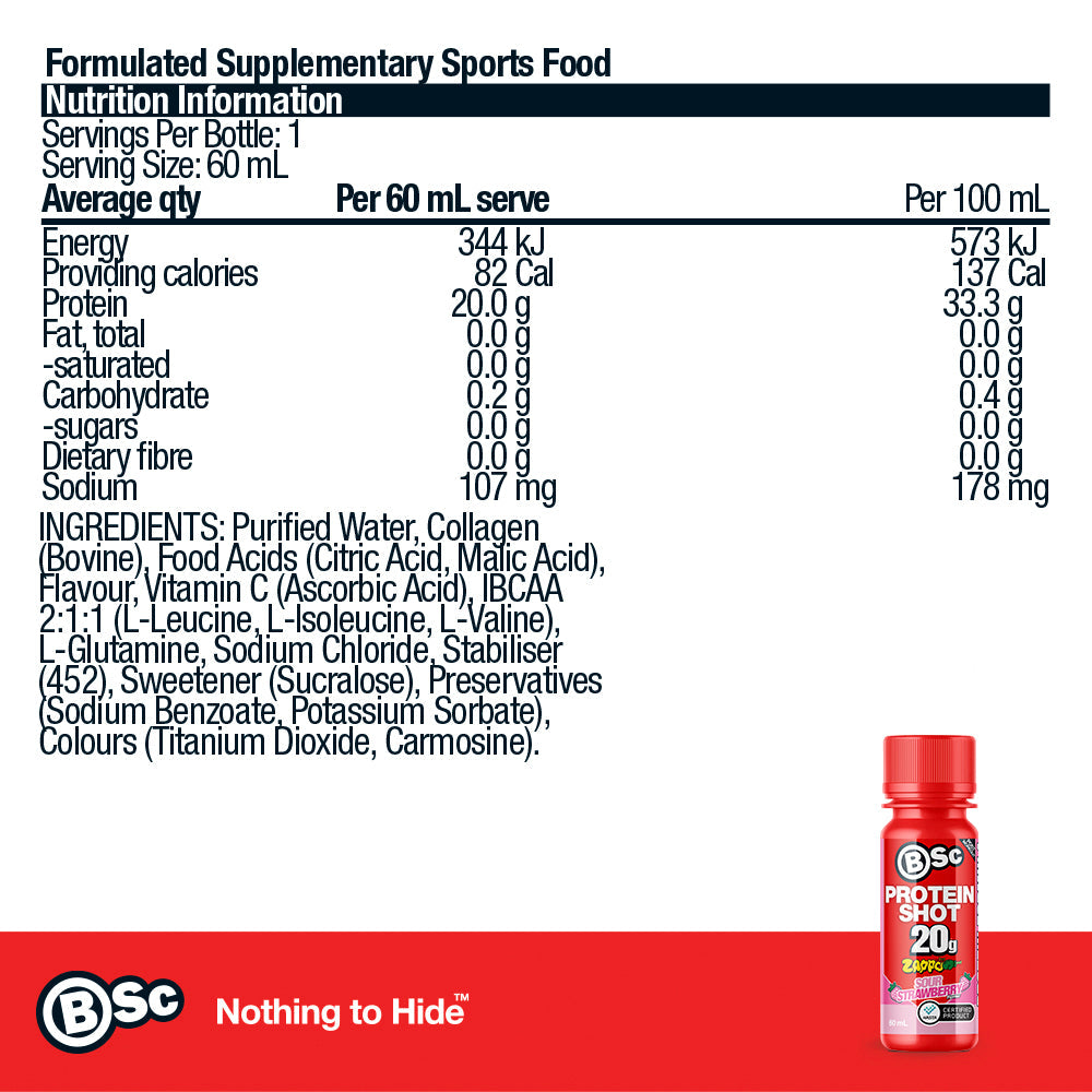 BSc 20g Protein Shot Zappo - Zappo Sour Strawberry nutrition information panel