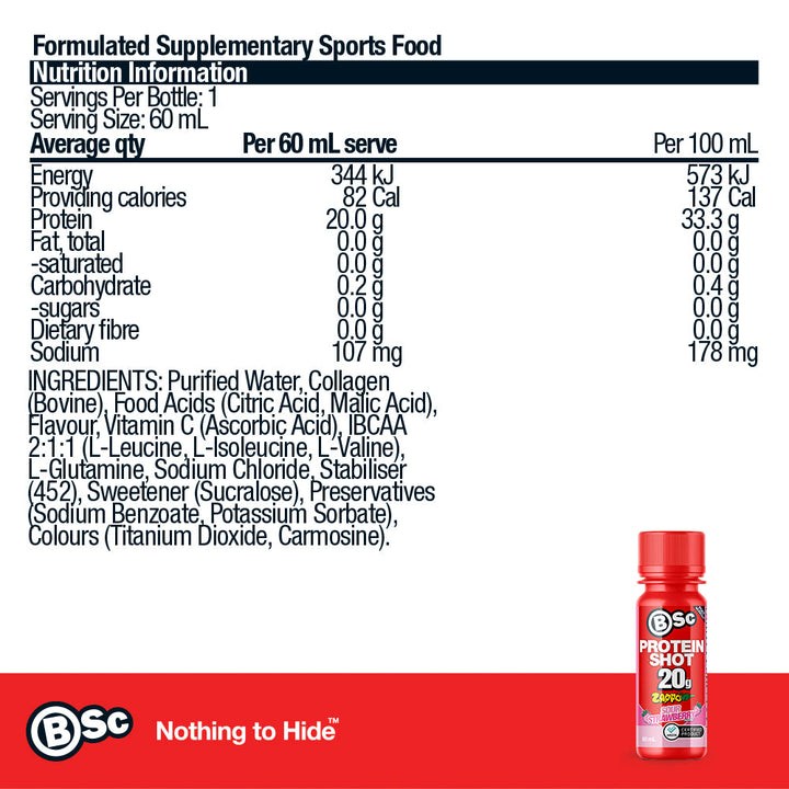 BSc 20g Protein Shot Zappo - Zappo Sour Strawberry nutrition information panel