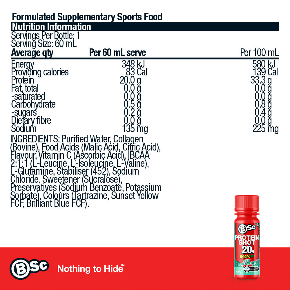 BSc 20g Protein Shot Zappo - Zappo Sour Watermelon nutrition information panel