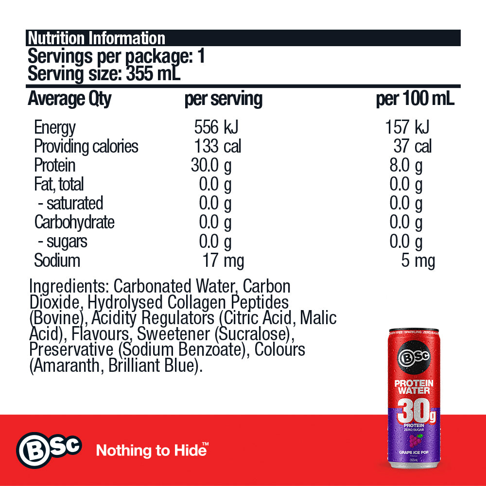 30g Protein Water Can 12 Pack - Grape Ice Pop nutrition information panel