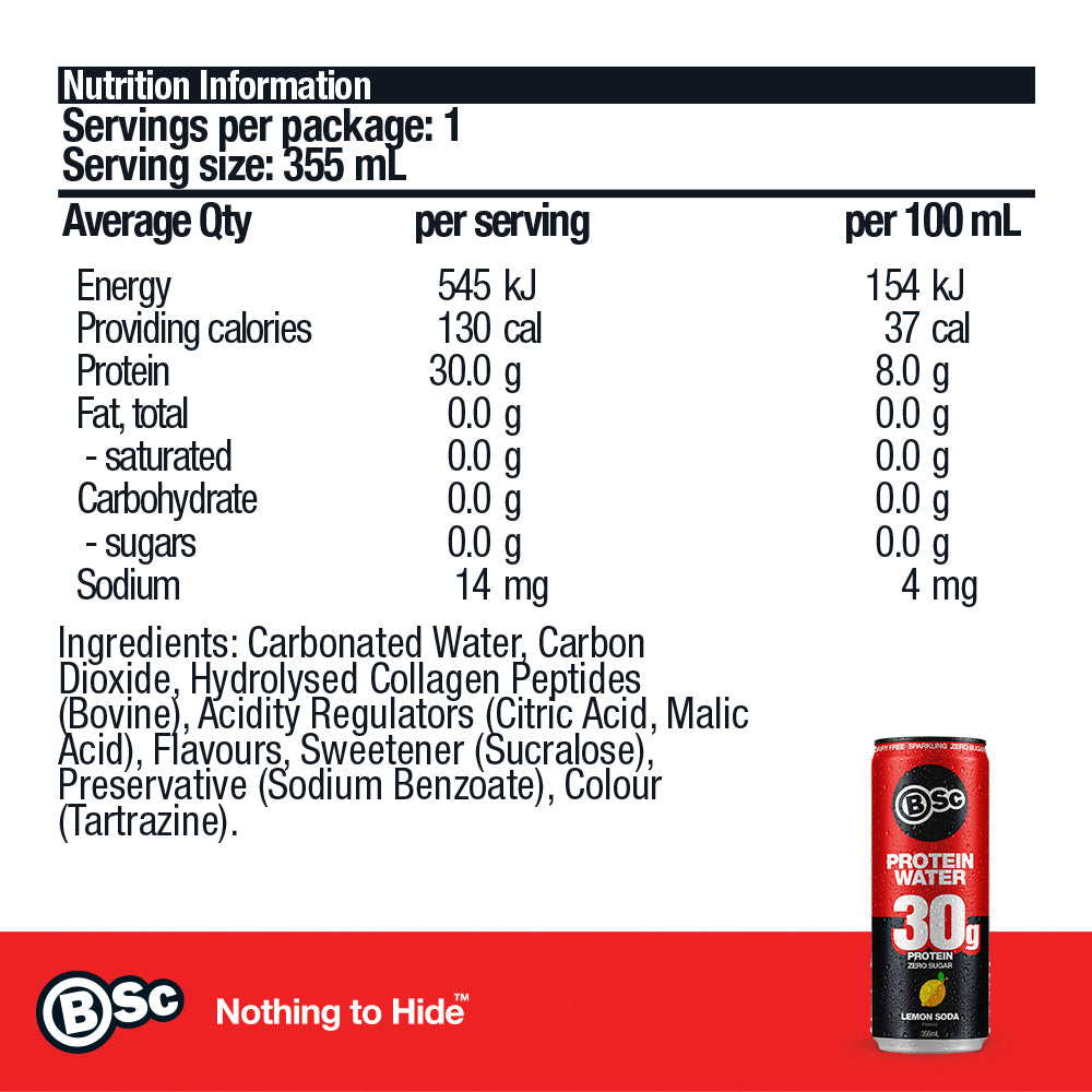 30g Protein Water Can 12 Pack - Lemon Soda nutrition information panel