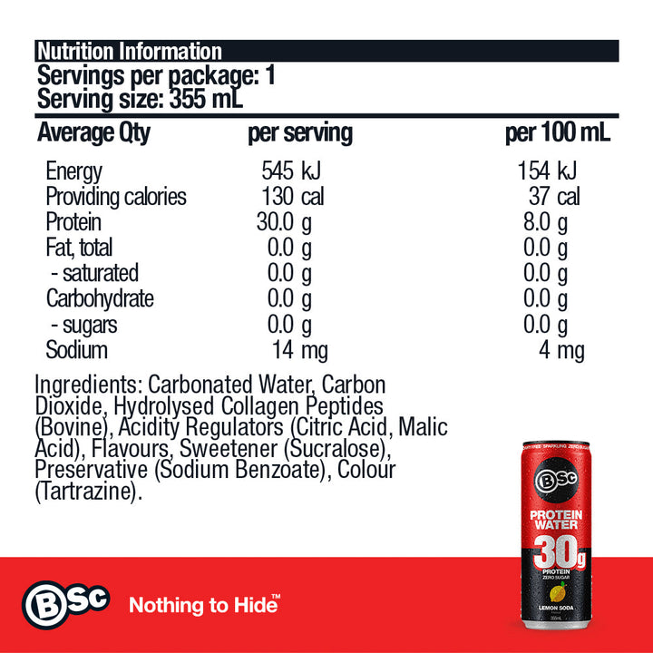 30g Protein Water Can 12 Pack - Lemon Soda nutrition information panel