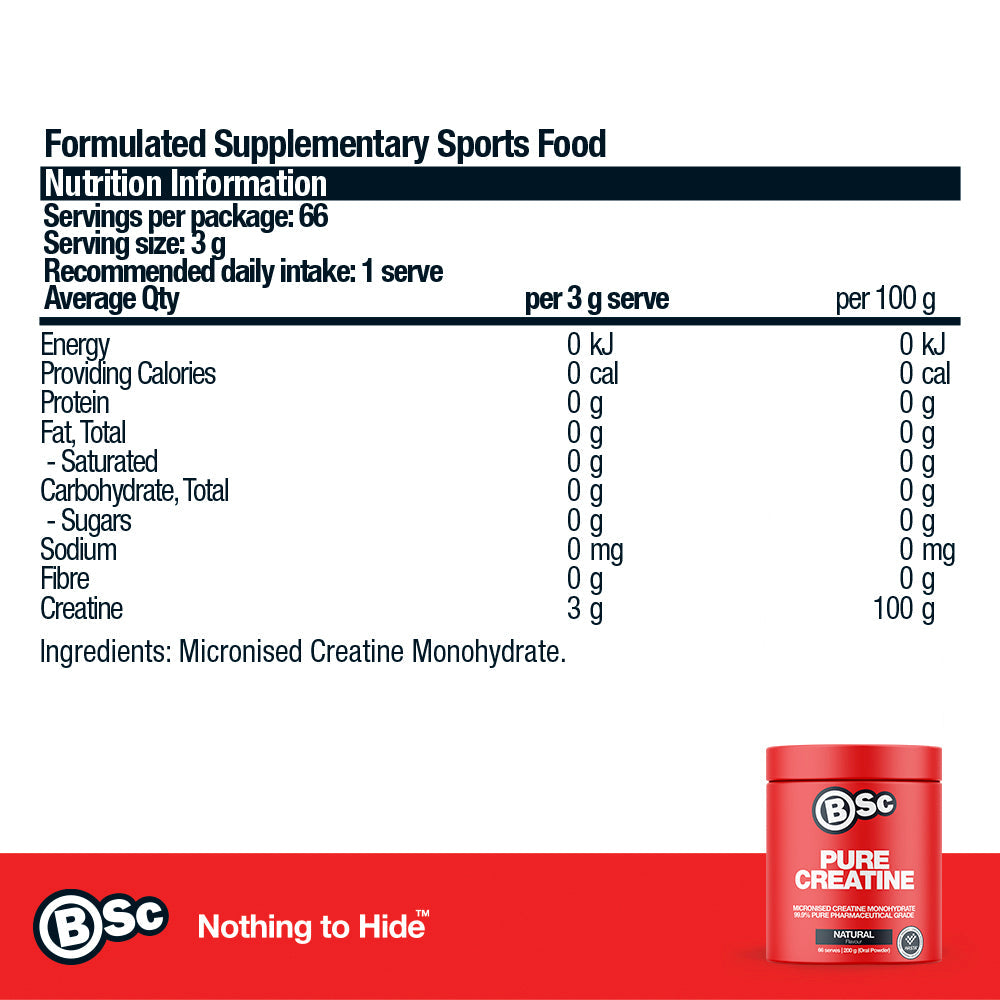 Pure Creatine Monohydrate - 200g nutrition information panel