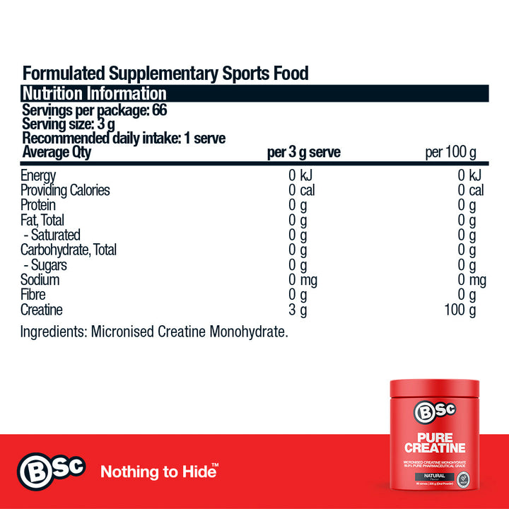 Pure Creatine Monohydrate - 200g nutrition information panel