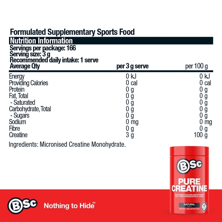 Pure Creatine Monohydrate - 500g nutrition information panel