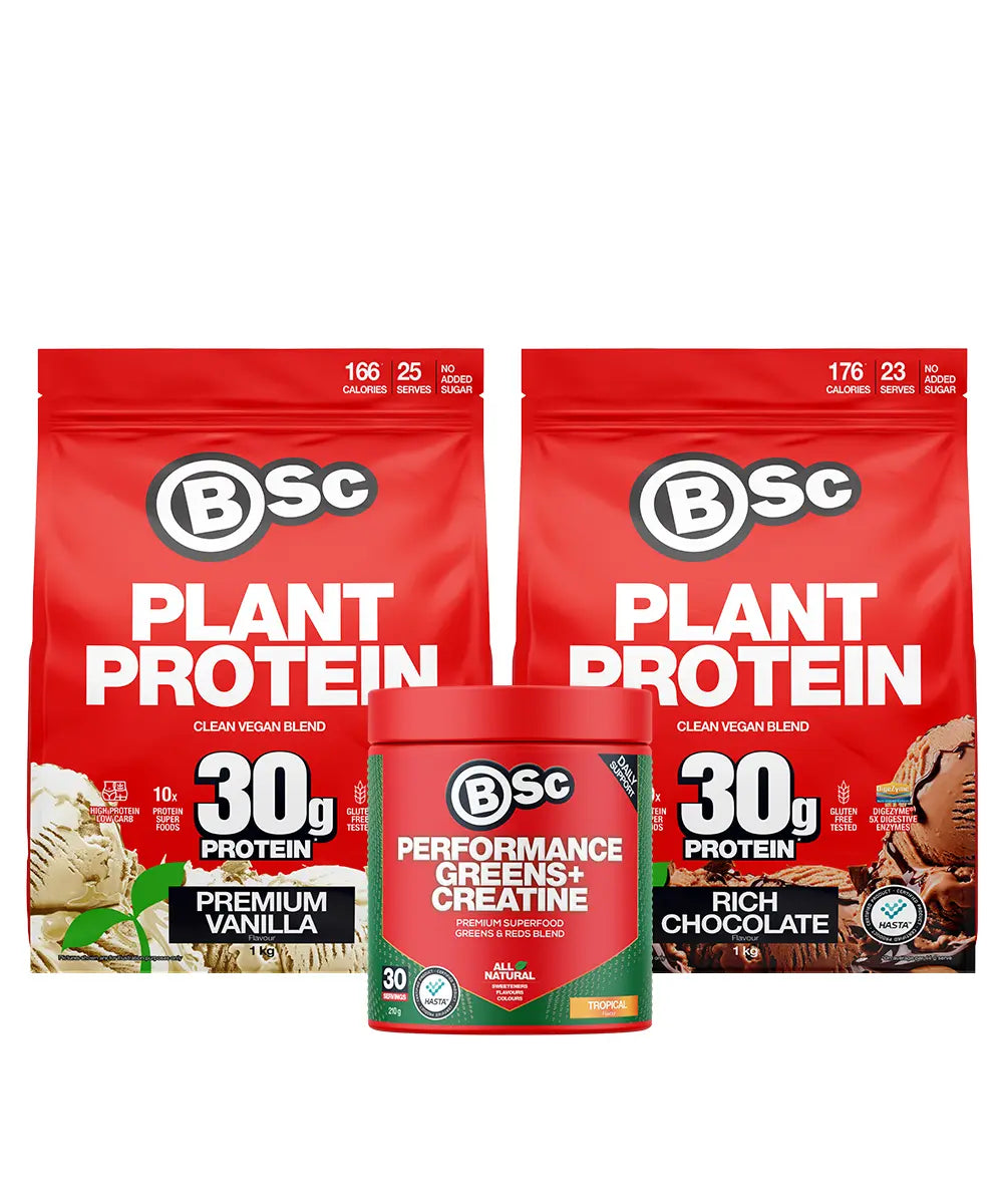 BSc Plant Protein packages and a Performance Creatine container on a white background