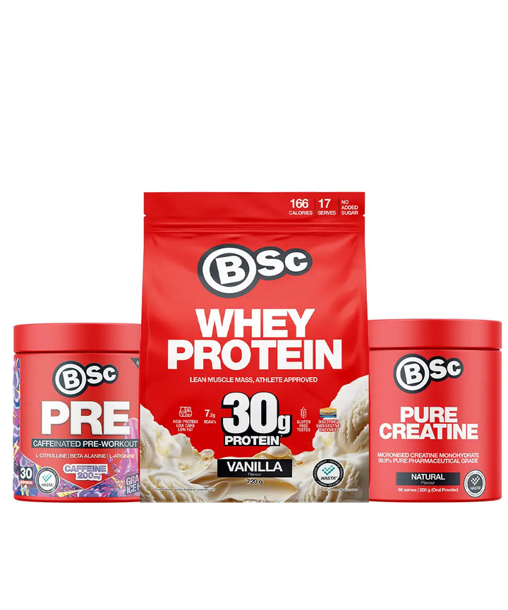 BSc whey protein, pre-workout, and creatine packaging on a white background