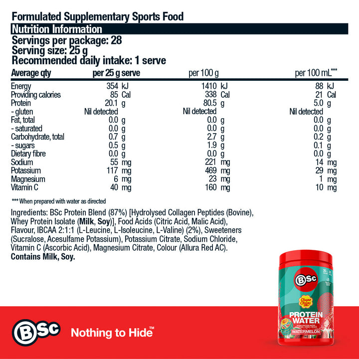 BSc x Chupa Chups Protein Water - 700g Watermelon nutrition information panel
