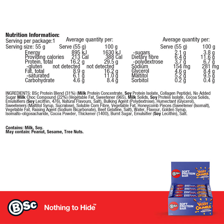 BSc x Violet Crumble Soft Protein Bar 12 Pack - chocolate-honeycomb nutrition information panel