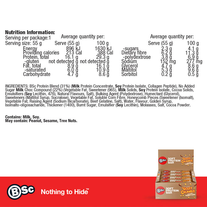 BSc x Violet Crumble Soft Protein Bar - caramel-honeycomb nutrition information panel