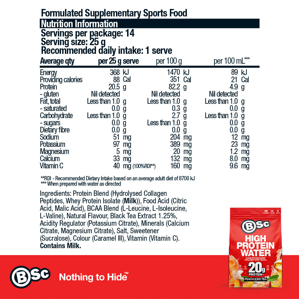 High Protein Water - 350g Peach Iced Tea nutrition information panel