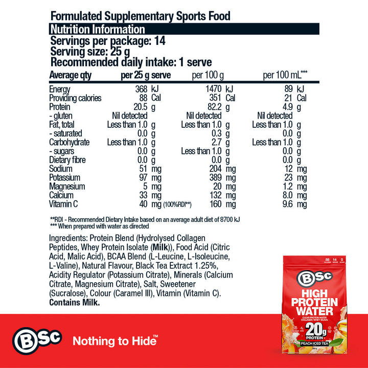 High Protein Water - 350g Peach Iced Tea nutrition information panel