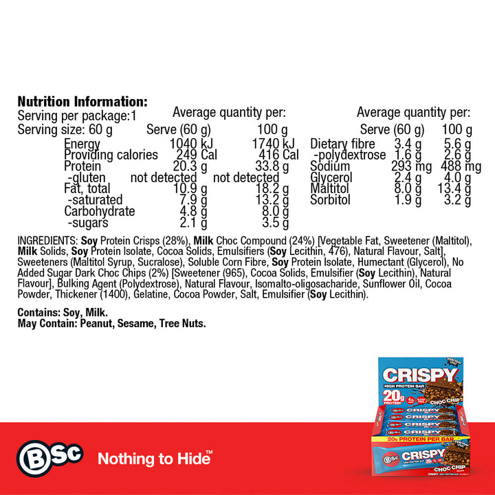 Crispy Protein Bar 12 Pack - choc-chip nutrition information panel