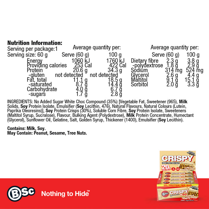 Crispy Protein Bar 12 Pack - vanilla-white-choc nutrition information panel