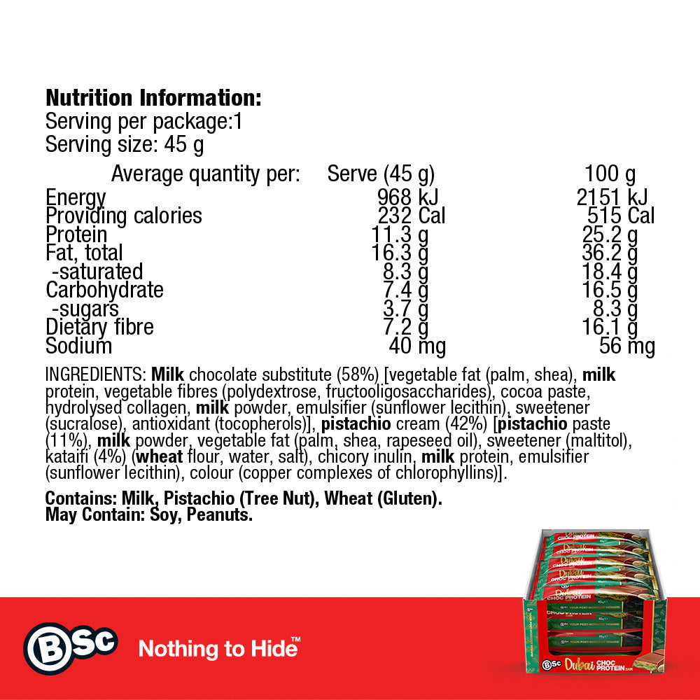 Dubai Chocolate Bar 25 Pack - nutrition information panel